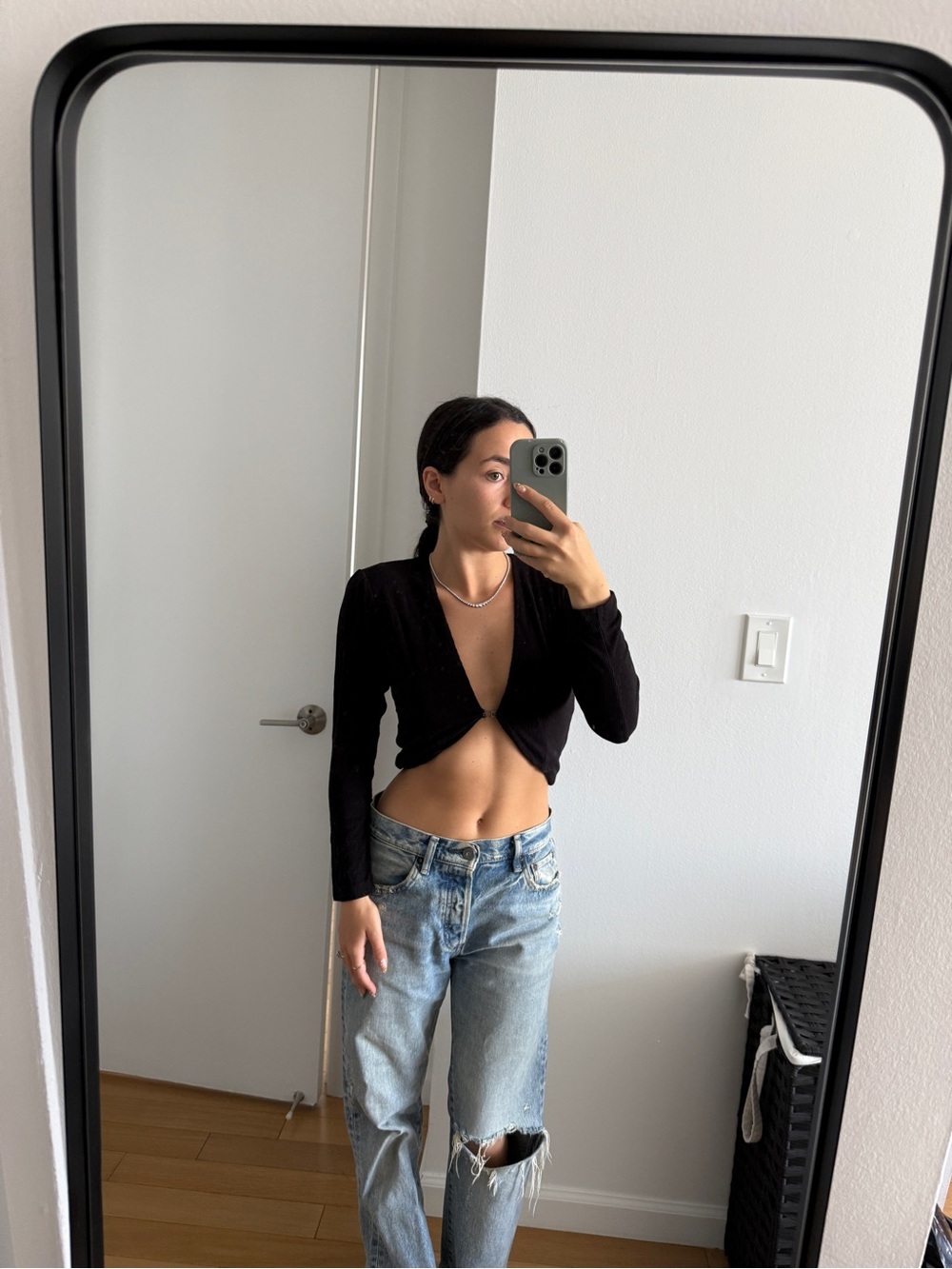 LNA Black Snap-Front Long-Sleeve Crop Top